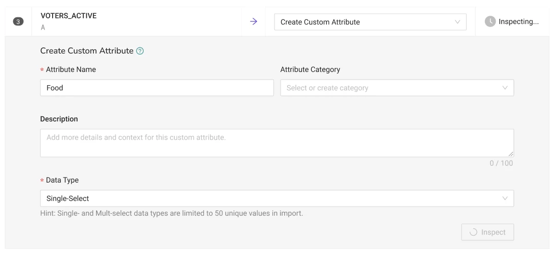 Choosing a data type: the hint about the limit, and the Inspect step.