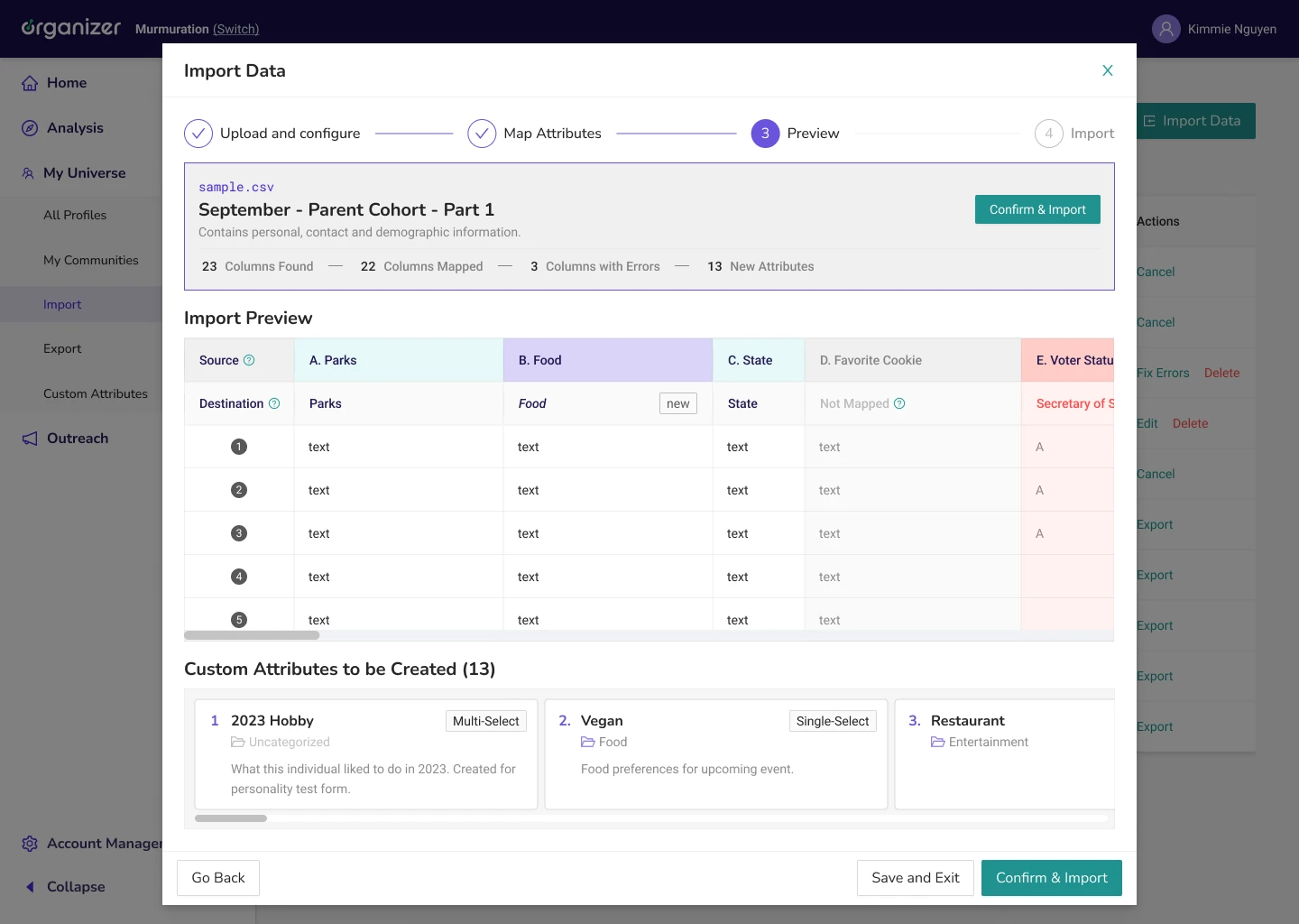 The import preview lists the attributes that will be created.