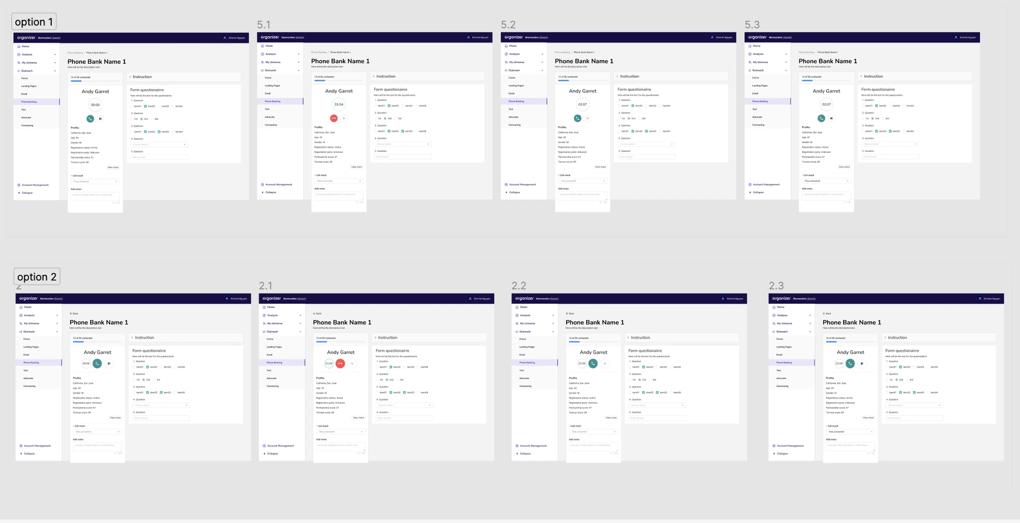 Two layout options for the session page, each with the states of a call.