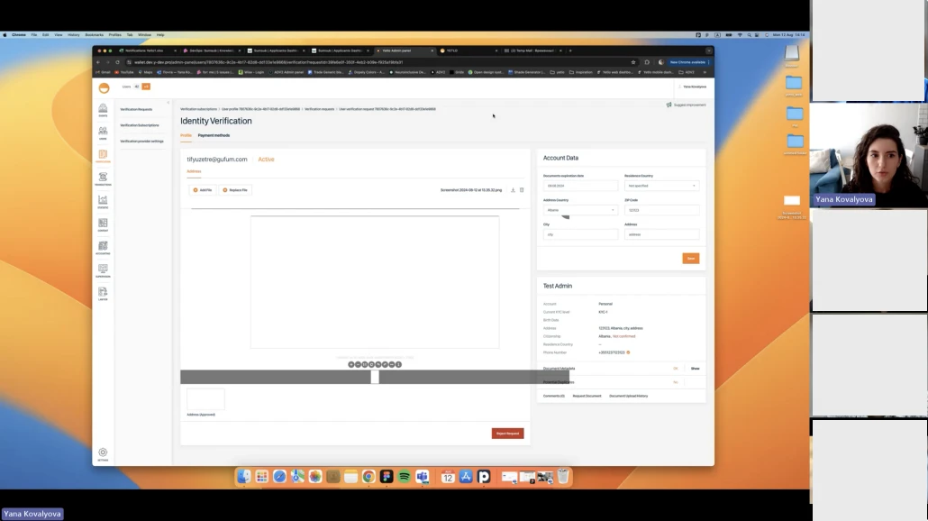Yana presenting the Identity Verification screen of the Yetlo admin panel on a video call