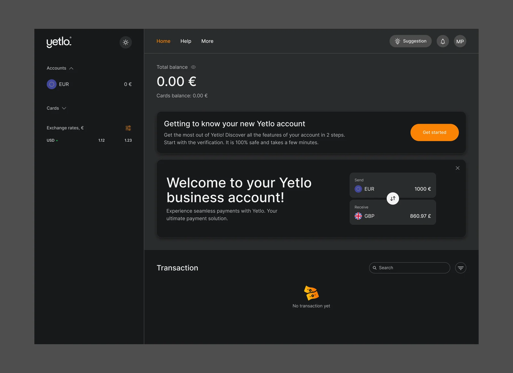 Yetlo Business web app in dark theme: the first-run state of a new account
