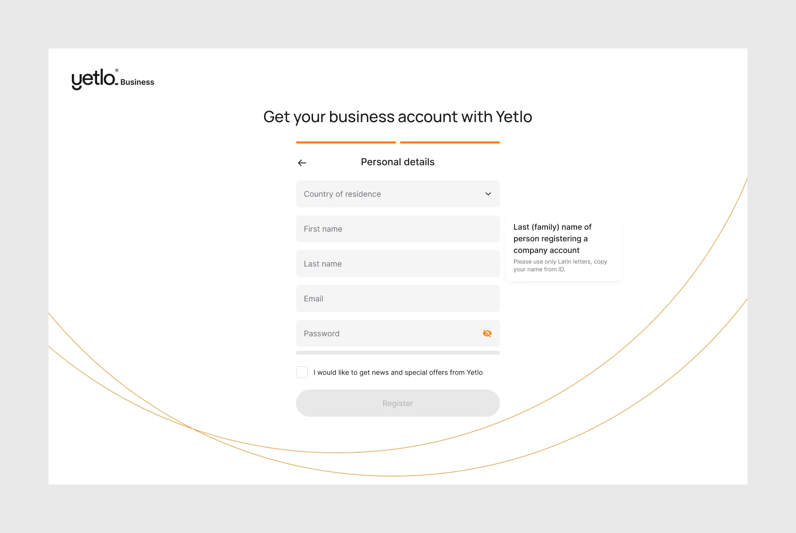 Step two: personal details of the person registering.