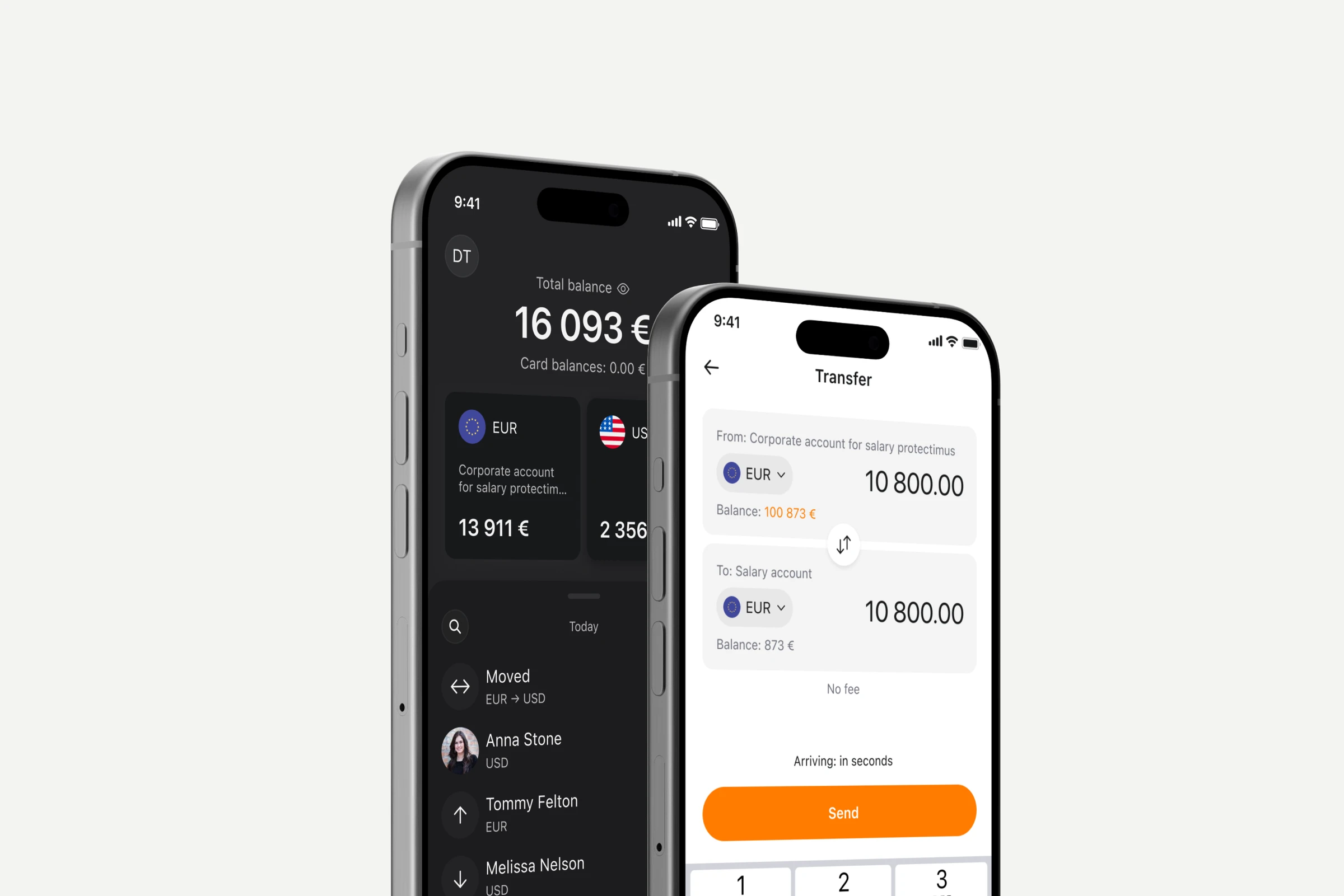 Yetlo on two phones: the home screen in dark theme behind, the Transfer screen in front