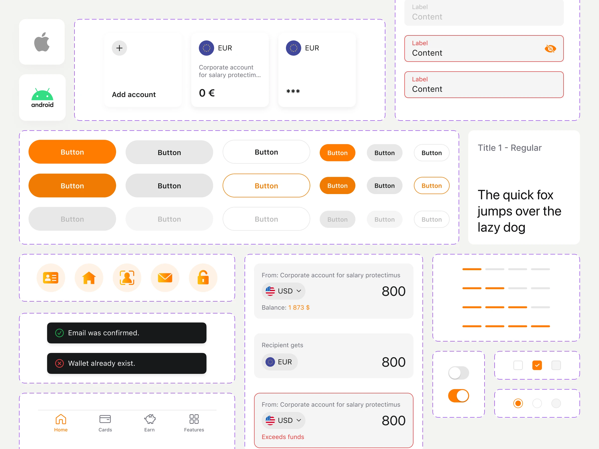 Yetlo design system components: account cards, text inputs with error states, buttons, icons, toasts, amount fields, progress indicators, toggles, checkboxes and radio buttons