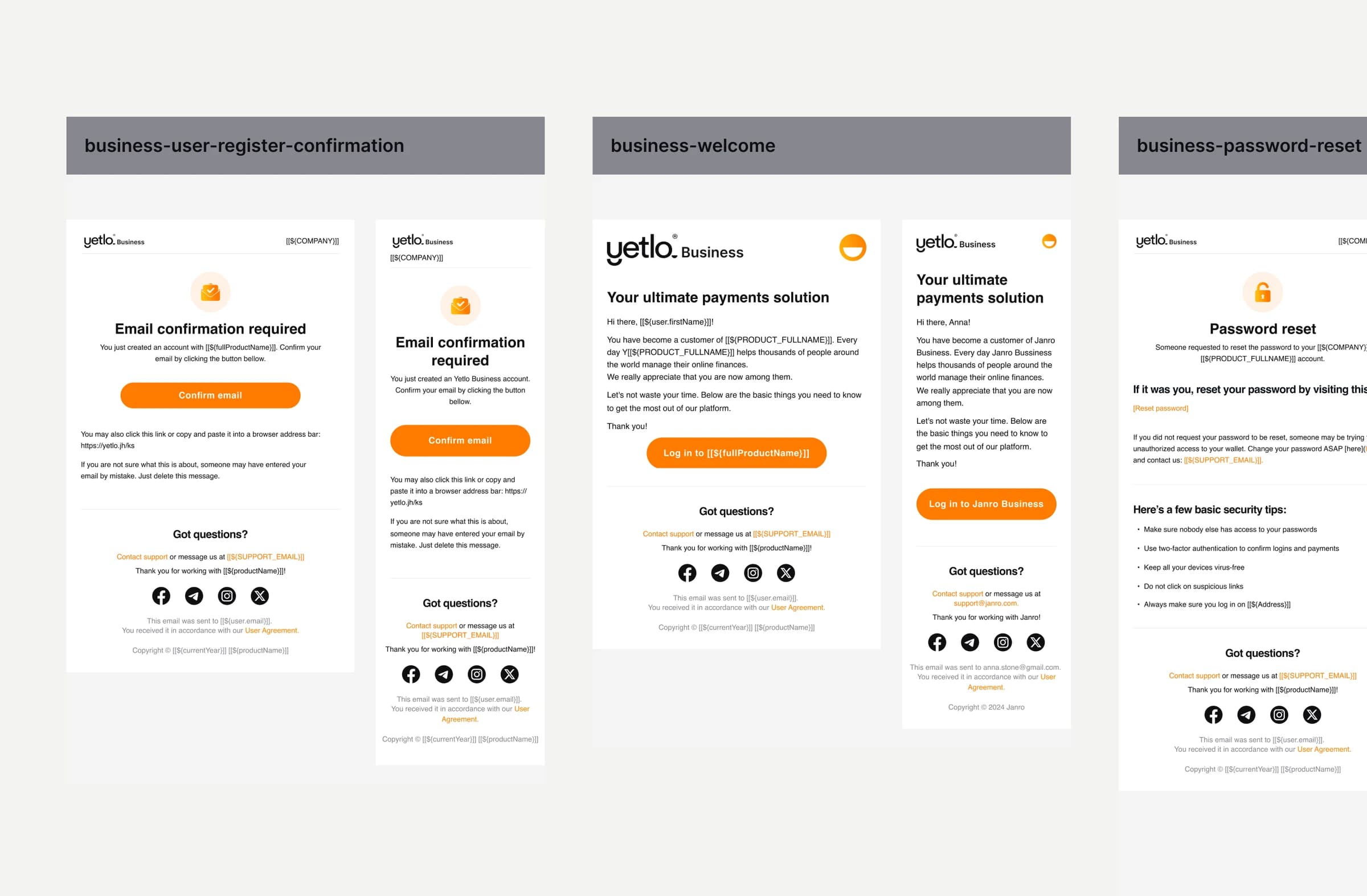 Yetlo Business transactional emails in desktop and mobile layouts: registration confirmation, welcome and password reset