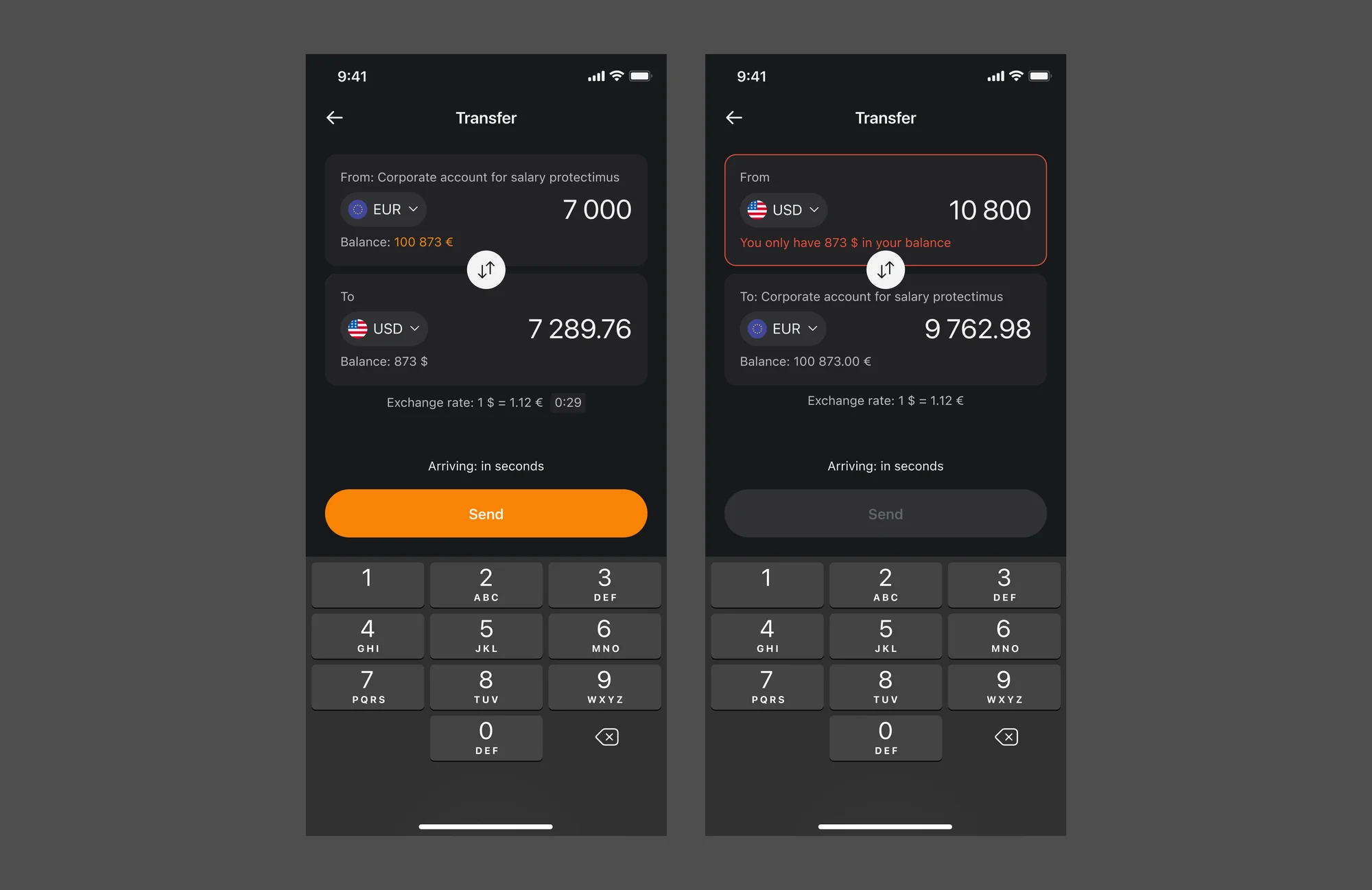 Dark theme: a transfer between currencies, and the error state when the balance is too low.