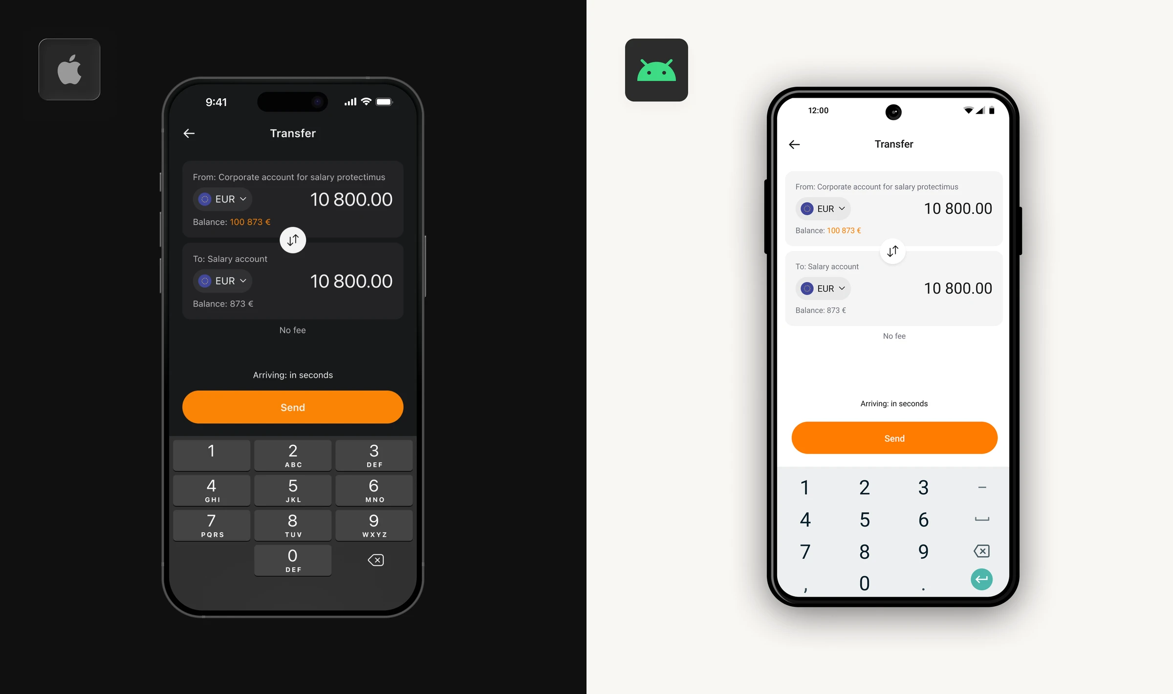 The Yetlo Transfer screen on an iPhone in dark theme and on an Android phone in light theme