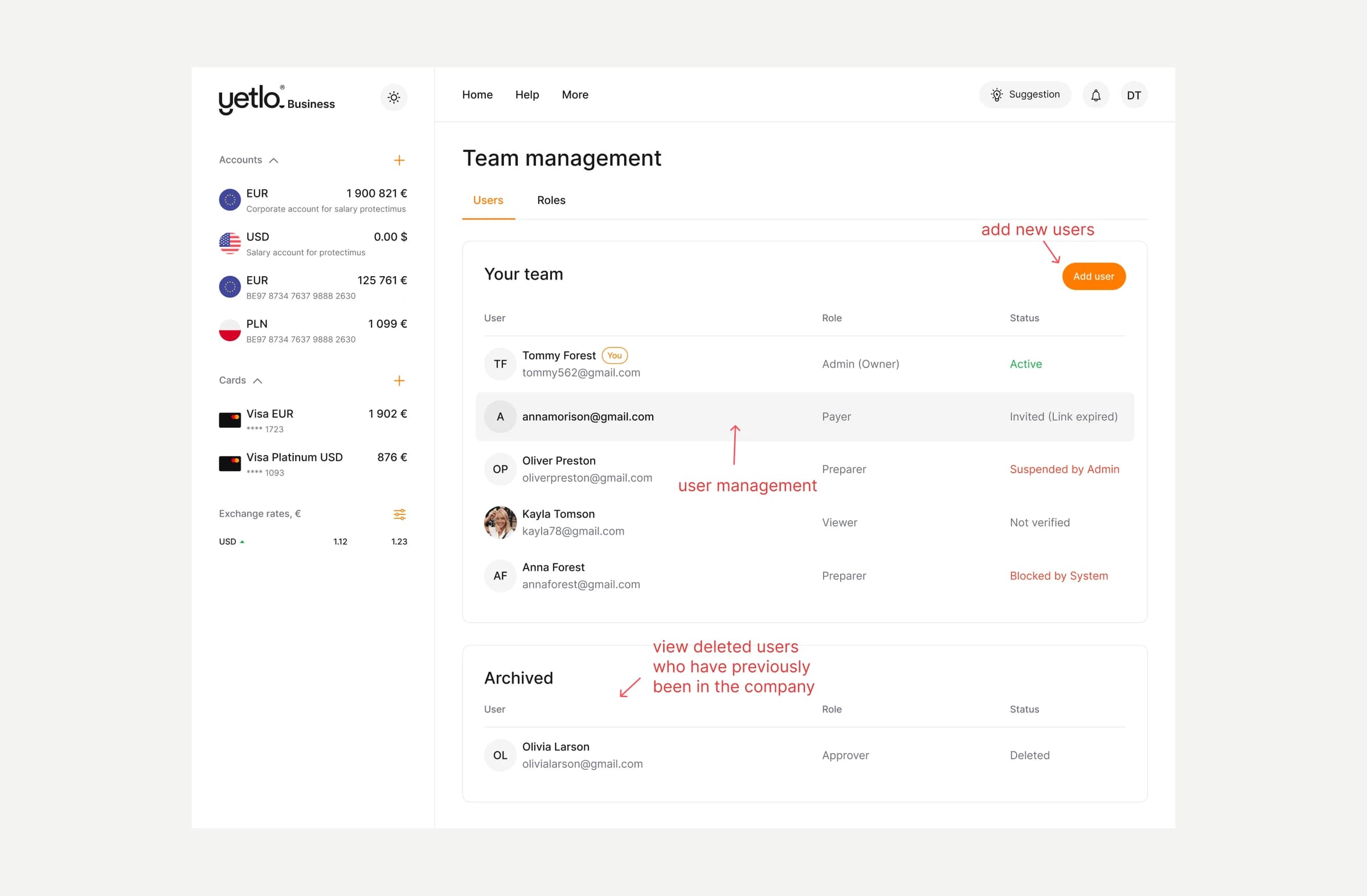 Team management, Users tab: team members with their roles and statuses, an Add user button and an archive of deleted users