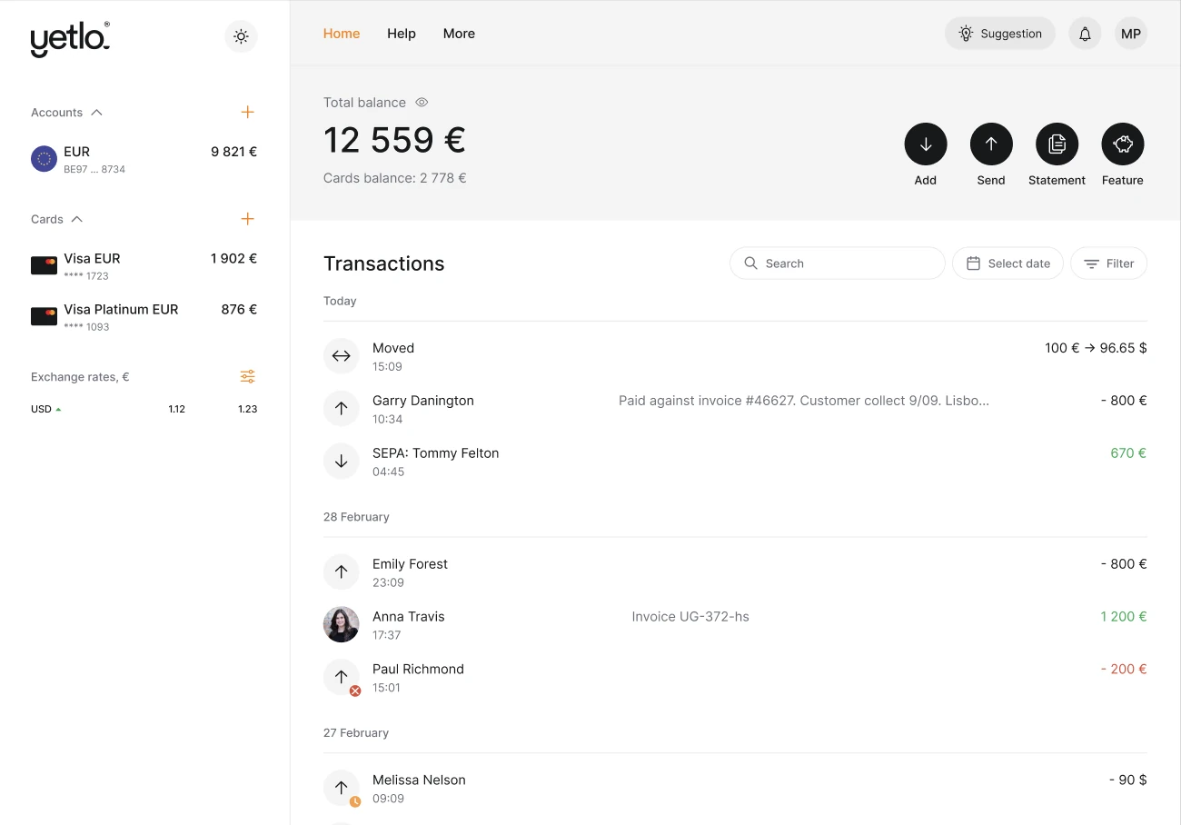 Web app home: accounts, cards, balances and transactions.