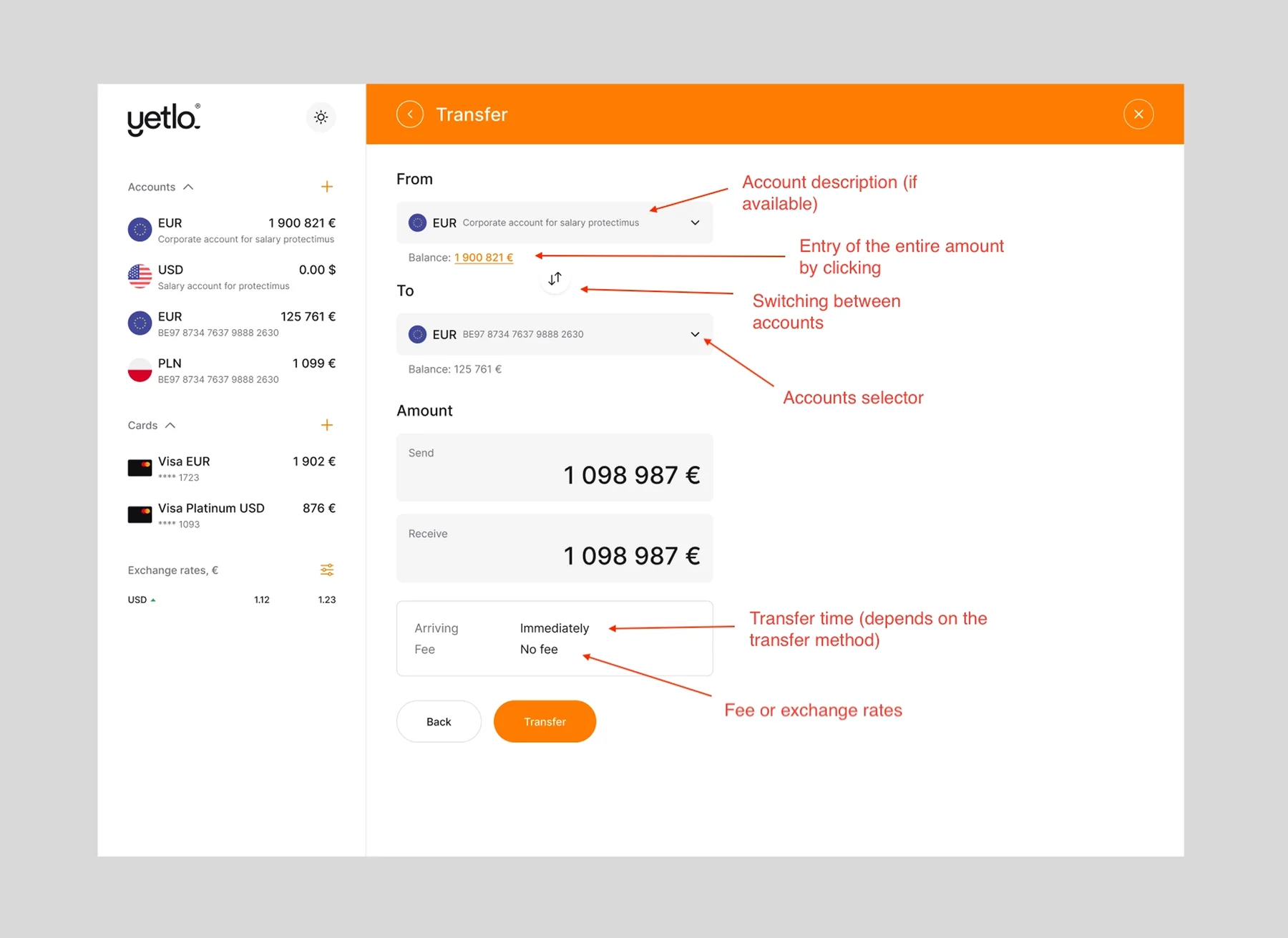 The same module on web, with transfer time and fee shown before confirming.